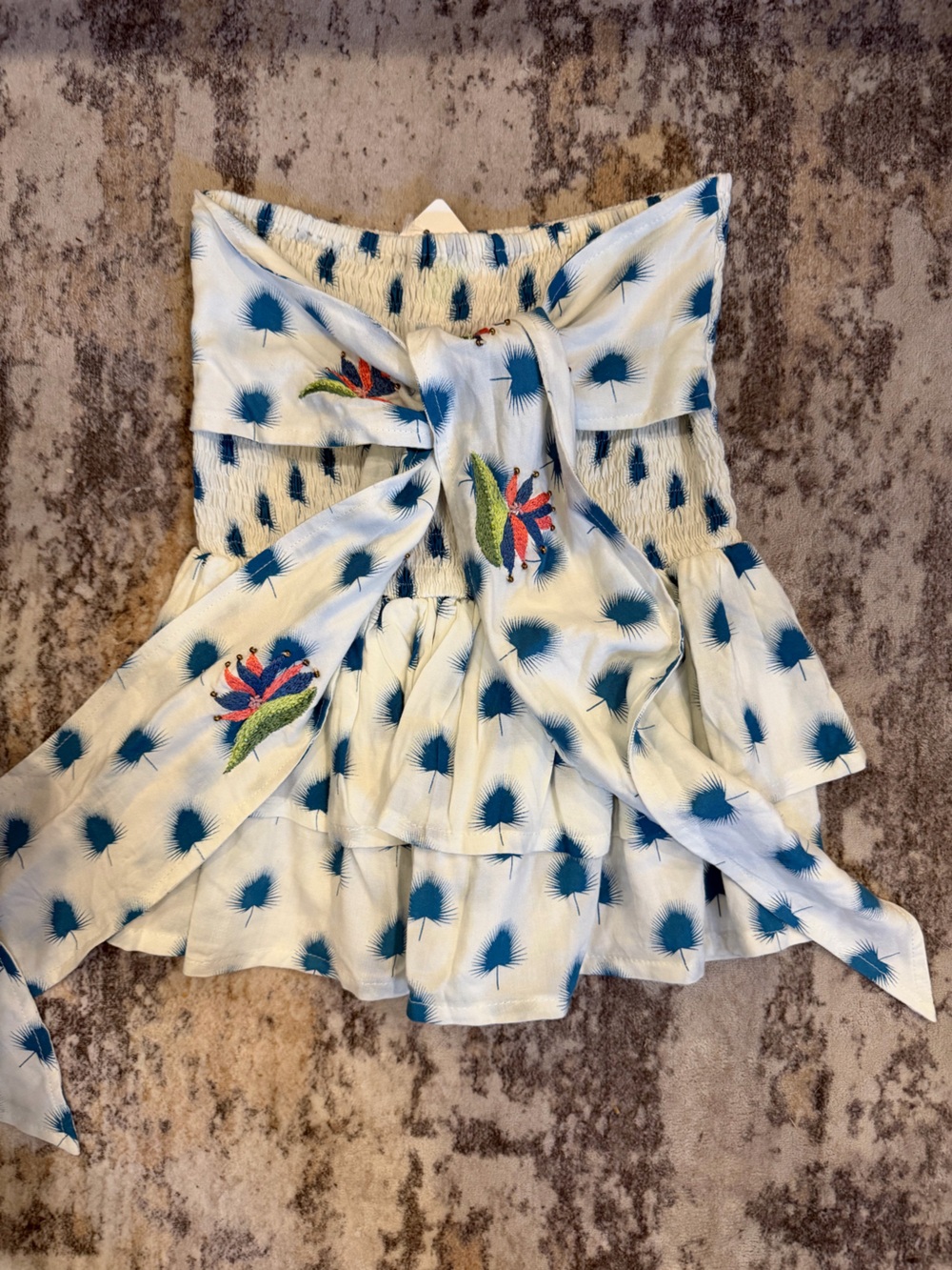 Women’s Blue Spot Print White Skirt with Embroidered Floral Accent